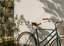 A green bicycle leaning against a sunlit wall