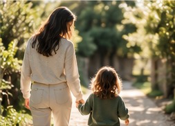 A parent walking hand in hand with a small child down a sunny garden path
